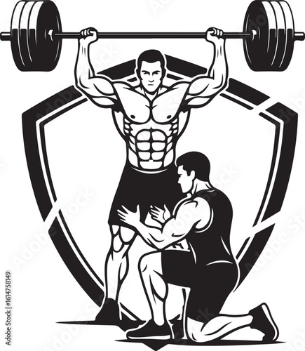 Dynamic Weightlifting Scene Muscular Athlete with Spotter in Gym Graphic Black and White Fitness and Strength Illustration