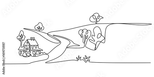 Landscape with village houses on hill. Continuous one line drawing, Rural landscape continuous one line vector drawing. Lake house in the woods hand drawn silhouette. Country nature panoramic sketch. 