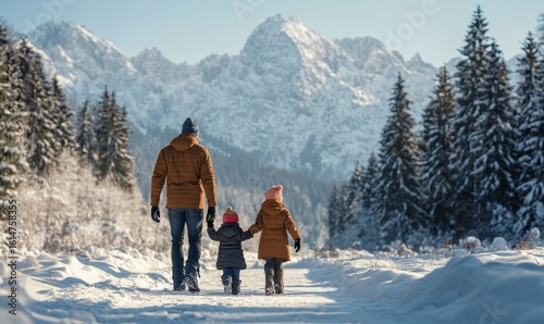 Family with small daughter enjoying a winter outdoor adventure in the Tatra mountains in Slovakia, capturing the joy and connection of family bonding in nature during the colder months, Generative AI