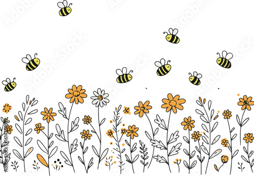 Cheerful Floral Meadow with Friendly Bees A Whimsical and Delightful Springtime Scene