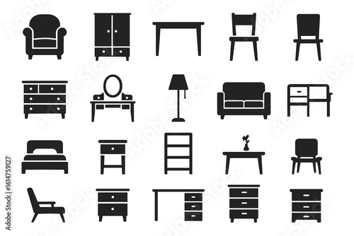 Collection of silhouette furniture icons including chairs, tables, sofas, and beds