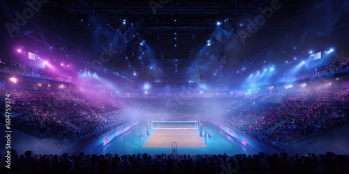 Indoor arena, packed crowd, volleyball court