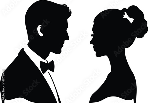 Silhouette Groom in Bow Tie Facing Bride with Elegant Hairdo, Black on White