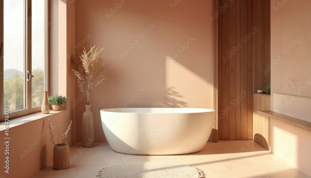 Fototapeta premium Modern bathroom featuring freestanding tub in soft peach tones. Warm beige tiles, wood accents, natural light create serene, luxurious ambiance. Plants add natural touch. Perfect for home decor,