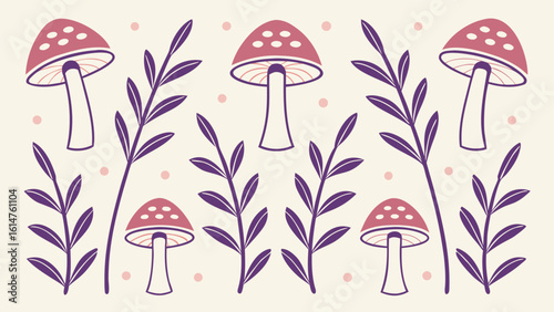 Whimsical pink and purple mushroom and leaf pattern illustration fungi toadstool