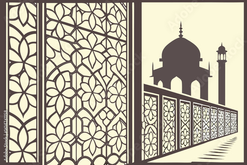 Illustration of taj mahal with floral lattice screens and minaret architecture in a decorative panel design