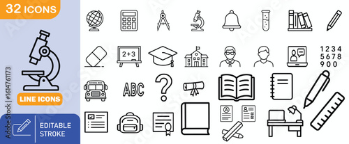 Educational Icons: A comprehensive set of precisely drawn linear icons representing fundamental elements of education, perfect for illustrating academic concepts. 