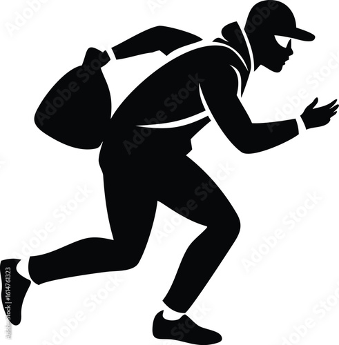 Silhouette of a Burglar Running with Stolen Bag After a Heist