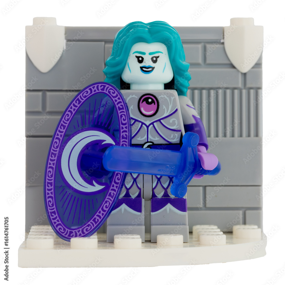 Obraz premium Dortmund - Deutschland 26. Juli 2025 - Lego Figur Fantasy mit Schild - Studio Aufnahme 