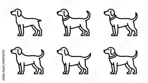 Vector art of a collection of simple dog icons showing various breeds and poses in a clean vector style