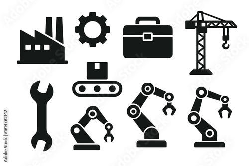 Industrial icons collection: machinery, tools, and robotics symbols