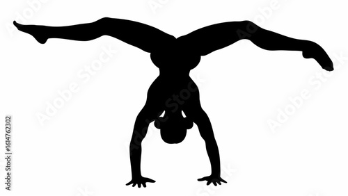 Silhouette of a person doing a handstand with legs spread wide against a white background forming a y shape