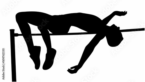 Silhouette of a high jumper clearing the bar with arched back and arms extended in mid air position