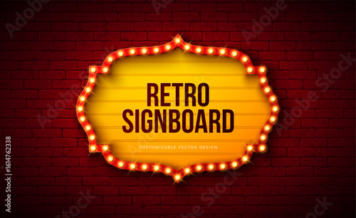 Retro Signboard Lightbox Banner Design with Glowing Light Bulb Frame Billboard on Vintage Brick Wall Background. Vector Customizable Marquee Sign Illustration for Casino Advertising, Theater Show
