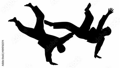 Silhouette illustration of two figures performing capoeira acrobatics in dynamic poses against white backdrop