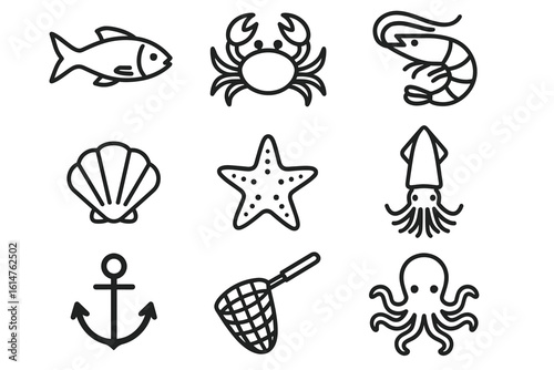 Marine life icons: fish, crab, shrimp, shell, starfish, squid, anchor, net, octopus
