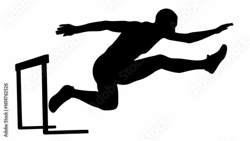 Silhouette of a man jumping over a hurdle in a track and field event with a white background image