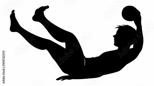 Silhouette of a man doing crunches with a ball above his head and legs raised in the air pose