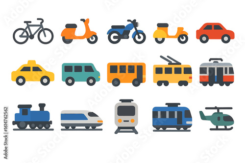 Colorful flat design icons of various transportation modes