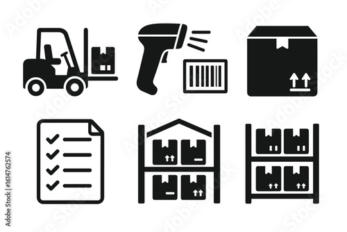 Warehouse logistics icons: forklift, barcode scanner, inventory management, shipping boxes, shelving