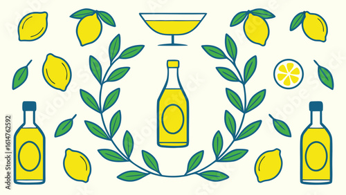 Yellow lemons green leaves and bottles with yellow liquid on cream background fruit leaf