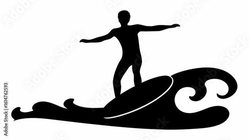 Silhouette of a surfer riding a wave with arms outstretched for balance on a surfboard in black and white