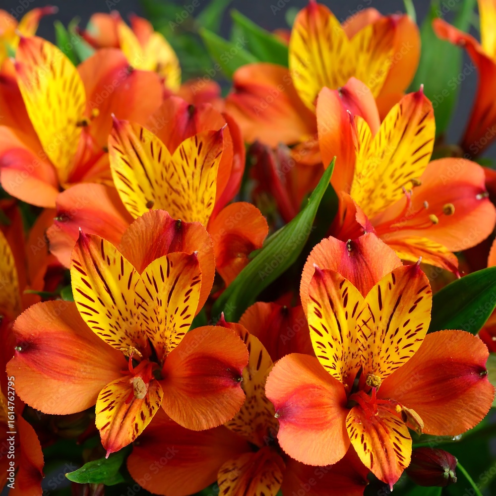 Naklejka premium Close-up of vibrant orange and yellow alstroemeria flowers (1)