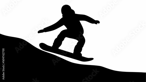 Silhouette of a snowboarder riding down a snowy hill against a white background in a graphic style
