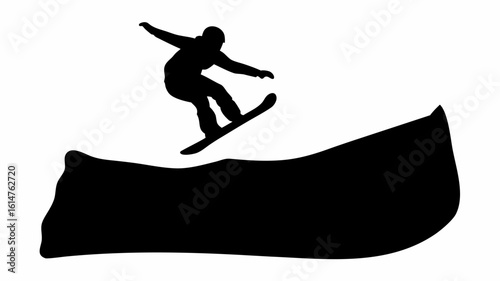 Silhouette of a snowboarder performing a jump off a snow ramp against a white background in winter scene