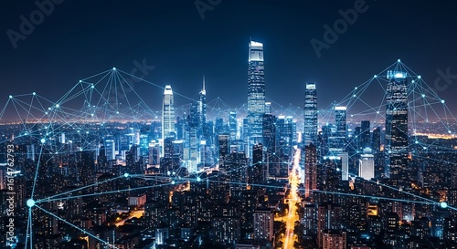A nighttime cityscape illuminated with bright lights, overlaid with a network of interconnected nodes and lines suggesting a digital connection.