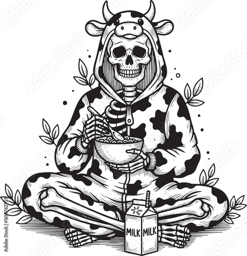 Skeleton in Cow Costume Eating Cereal with Milk Bottle in Funny Style