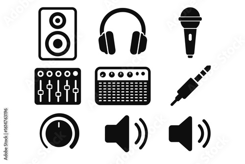 Audio equipment icons: speaker, headphones, microphone, mixer, amplifier, jack plug, volume controls