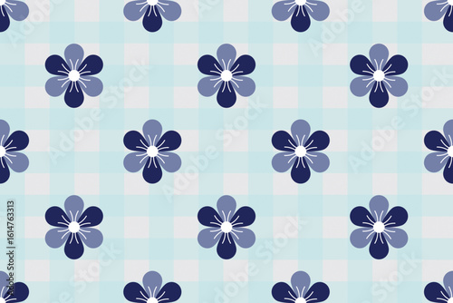 Seamless blue flower pattern with light checkered background