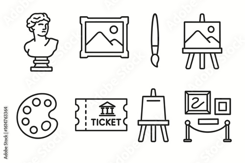 Art tools and symbols: sculpture, painting, palette, and museum ticket icons
