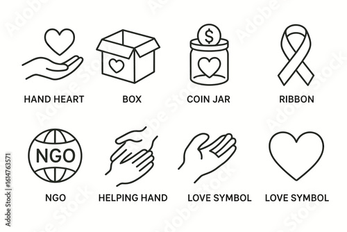 Charity icons: hand heart, box, coin jar, ribbon, ngo, helping hand, love symbols