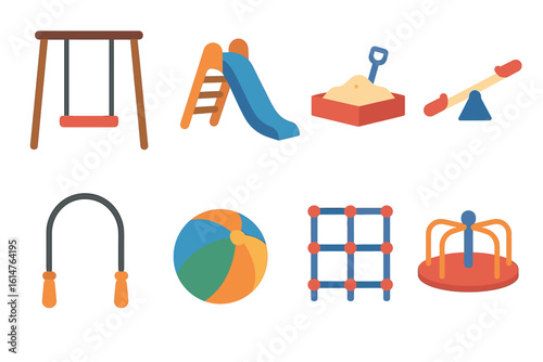 Colorful playground icons featuring swings slide sandbox ball seesaw and carousel