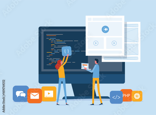 web design and mobile application design process with designer and developer team working collaboration concept
