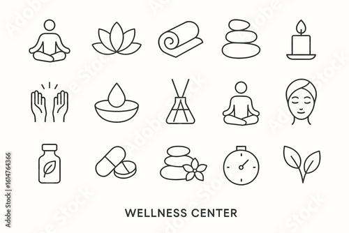 Wellness center icons: yoga, meditation, aromatherapy, spa, relaxation, health