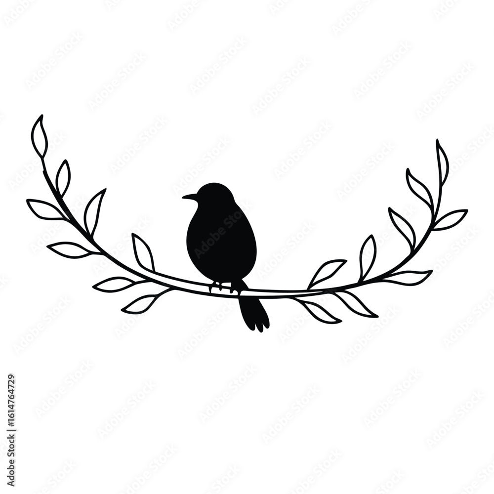 Plump bird perched on curved branch with leaves silhouette Plump bird perched on curved branch with leaves silhouette