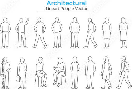 Set of simple line drawing people figures standing sitting walking various poses vector illustration outline style
