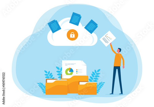 technology cloud storage backup. business cloud computing and datacenter security concept. with administrator and developer team. flat vector illustration design.

