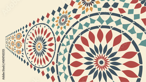 Repeating pattern of floral medallions and diamond shapes in diminishing perspective on a beige background