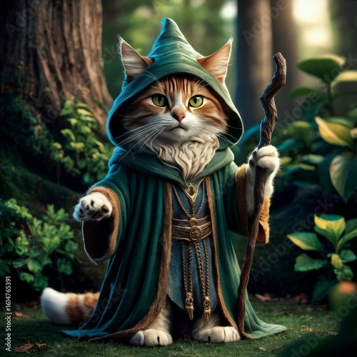 cute young cat with green eyes and dressed in green wizard clothes stands in a forest for Halloween
