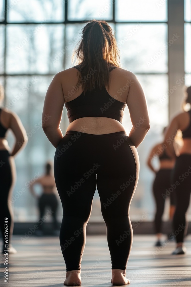Fototapeta premium Plus Size Woman in Fitness Class, Back View, Body Positivity, Workout