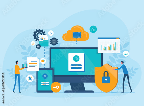 business technology cloud storage backup. business cloud computing and datacenter security concept. with administrator and developer team. flat vector illustration design.
