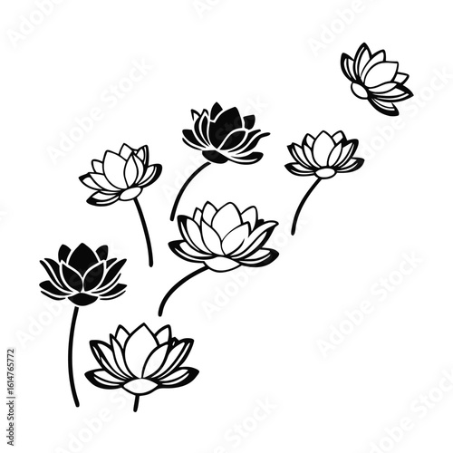 Stylized black lotus flowers arrangement white silhouette