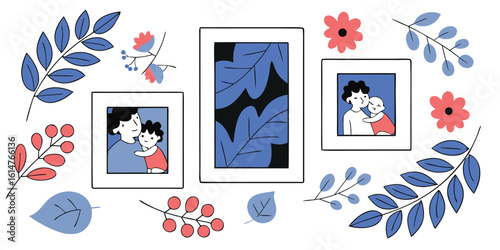 Charming illustration of family moments framed by whimsical floral and leaf motifs