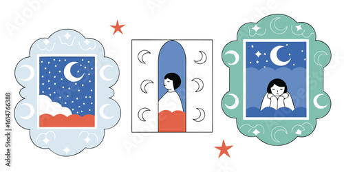 Three decorative frames showing night sky with moon and stars and a person praying