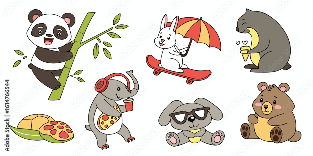 Obraz premium Cute cartoon animals enjoying various activities like skateboarding and eating pizza