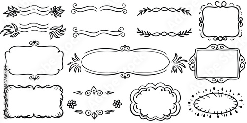 Collection of decorative hand drawn ornamental frames and borders in vintage style